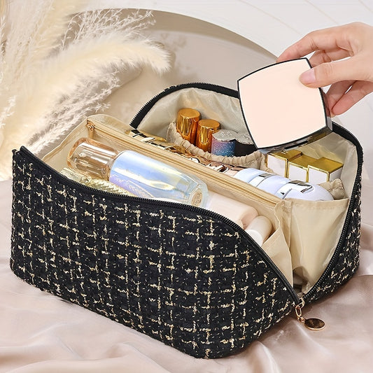 Plaid Pattern Cosmetic Bag, Large Capacity Travel Makeup Bag, Flat Lay Organizer