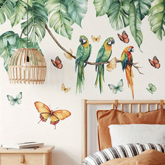 Tropical Green Plant Bird Wall Sticker for Home Decor