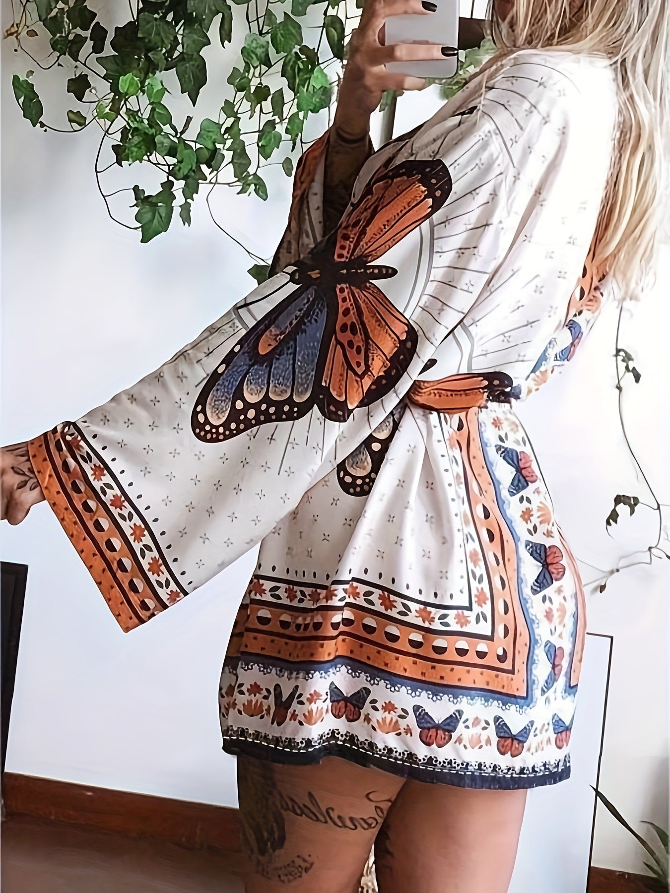  Butterfly Print V Neck Mini Dress