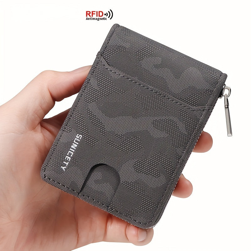 RFID Blocking Zipper Card Holder Short Wallet Leather Large Capacity