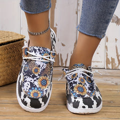 Women's Cow & Leopard Pattern Shoes Lace Up Slip On Round Toe Canvas Shoes