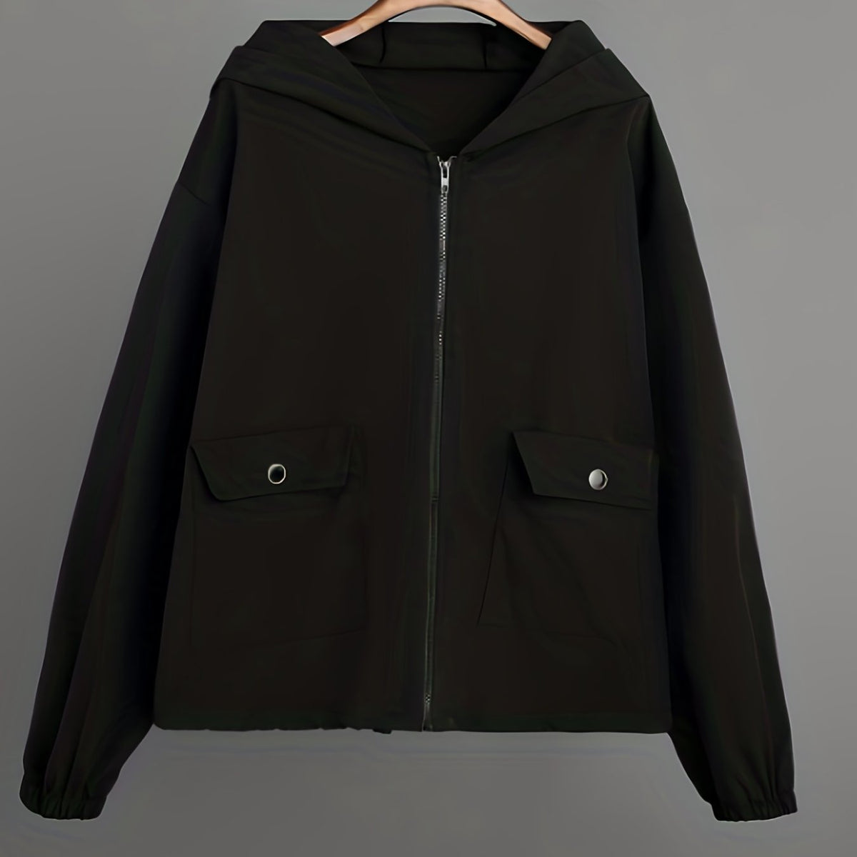 Casual Solid Zip Hooded Jacket with Flap Pockets