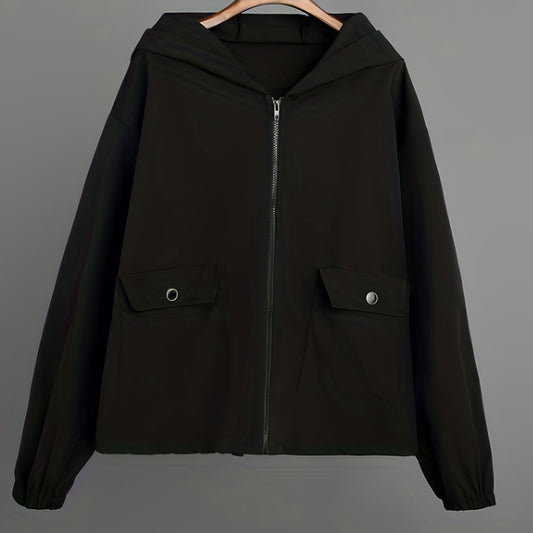 Casual Solid Zip Hooded Jacket with Flap Pockets