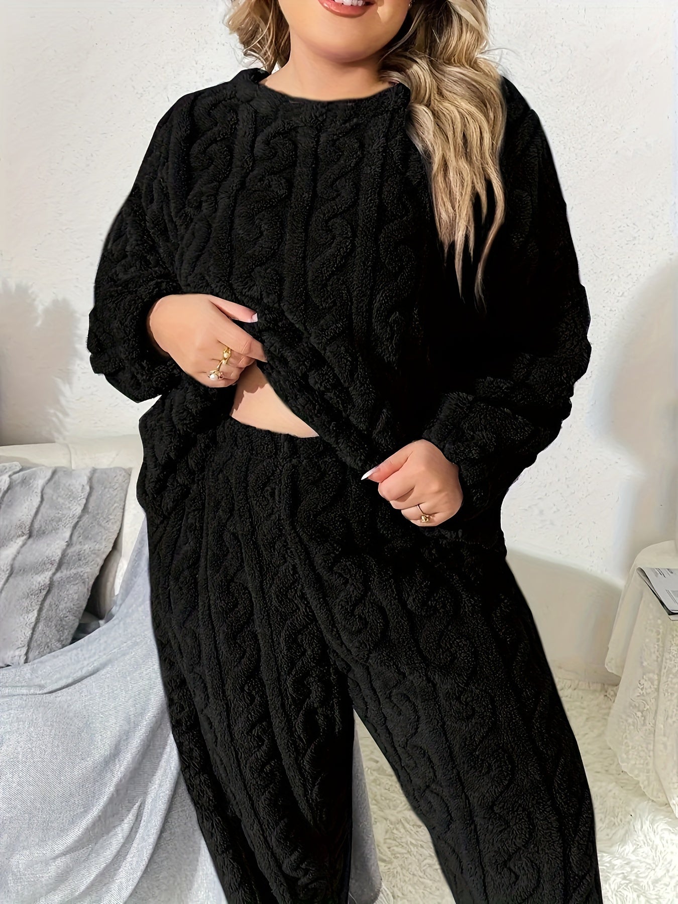  Solid Cable Long Sleeve Top & Pants 2 Pc Set