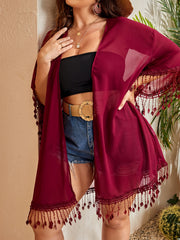  Boho Kimono Women's Plus Solid Short Sleeve Open Front Tassel