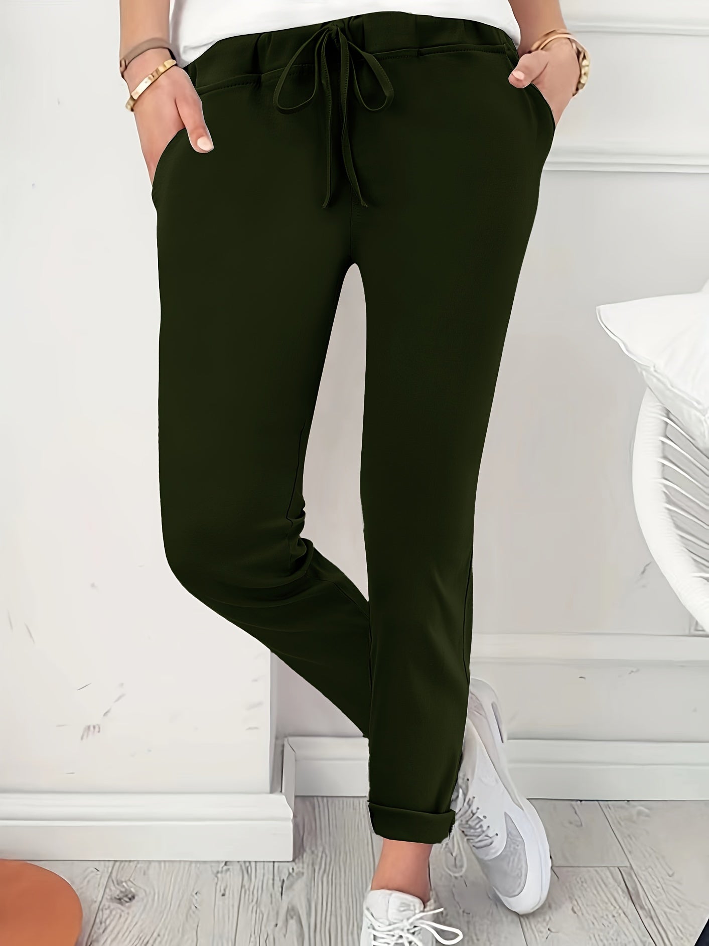  Solid Elastic High Rise Trousers With Pockets