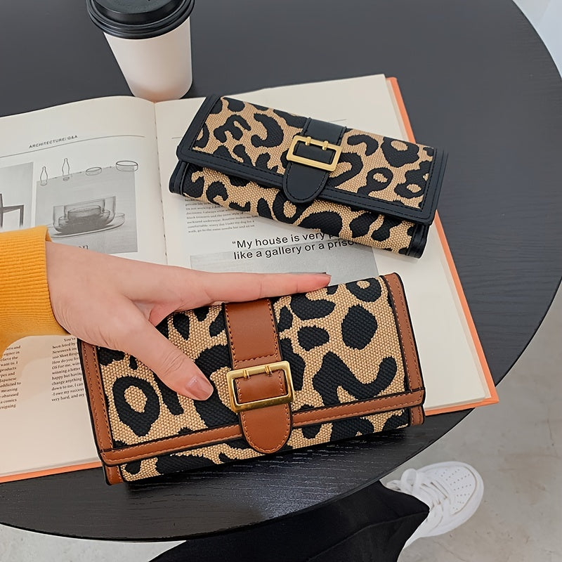 Leopard Pattern Long Purse Trifold Clutch Vintage Buckle Wallet