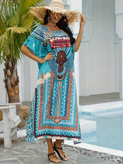  Boho Cover Up Women's Plus Ethnic Print Batwing Sleeve Round Neck