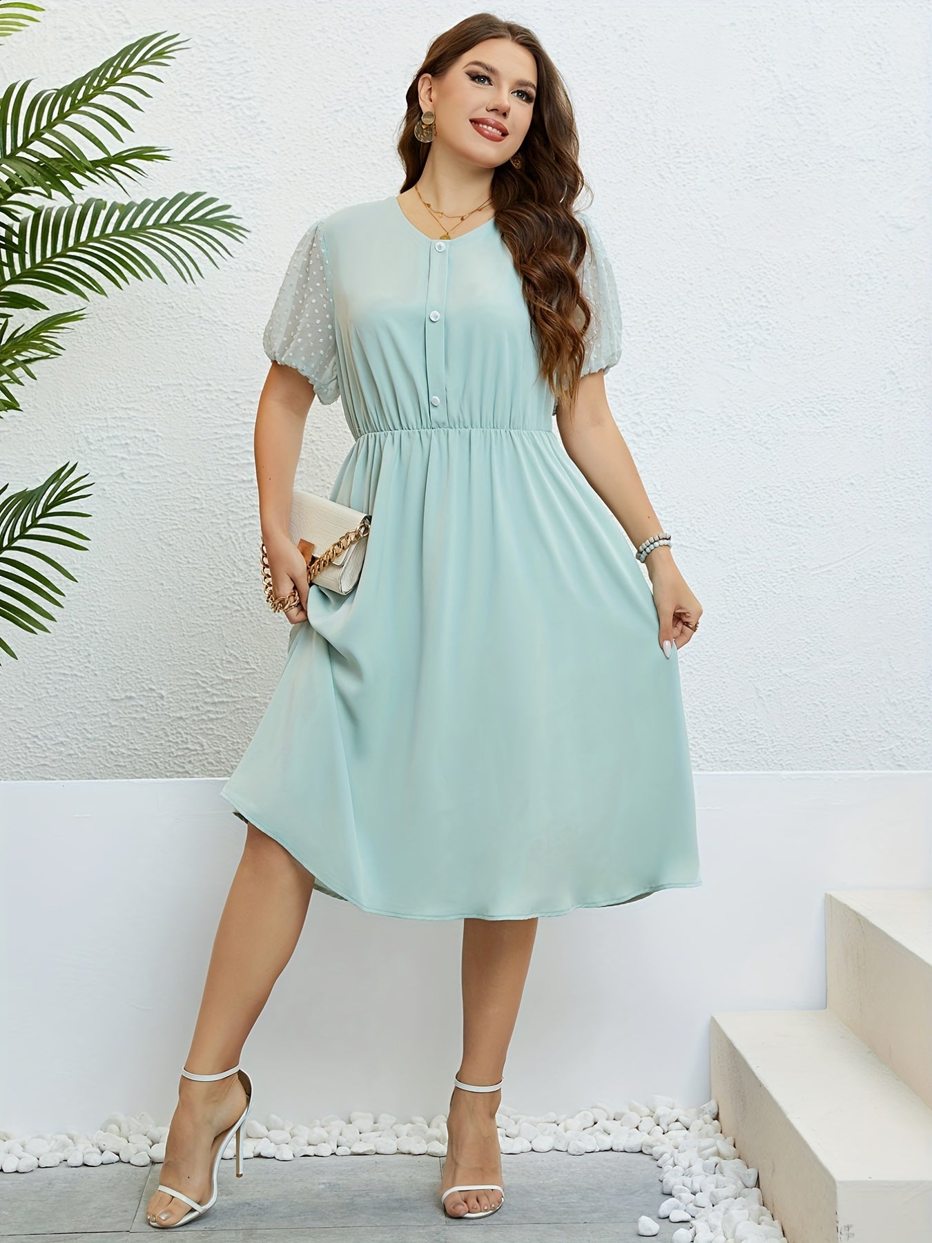  Solid Button Up Mesh Dot Bubble Sleeve Dress