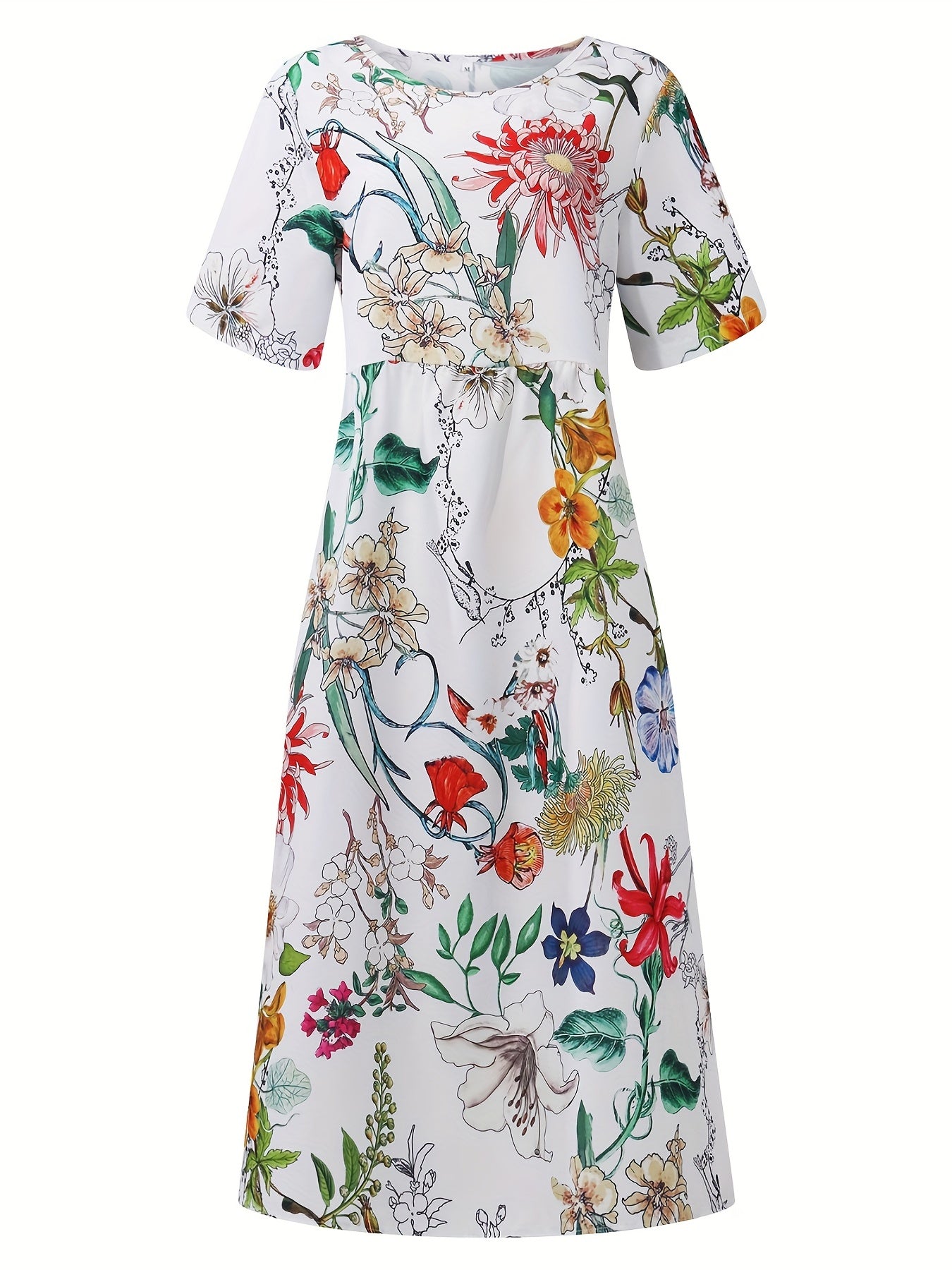 Floral Print Round Neck Dress Casual Pocket Short Sleeve Beach