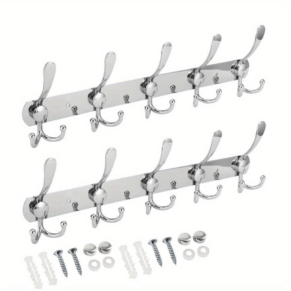 2pcs Wall Mounted Storage Rack with 5 Tri Hooks for Clothes Coat Towels Bath