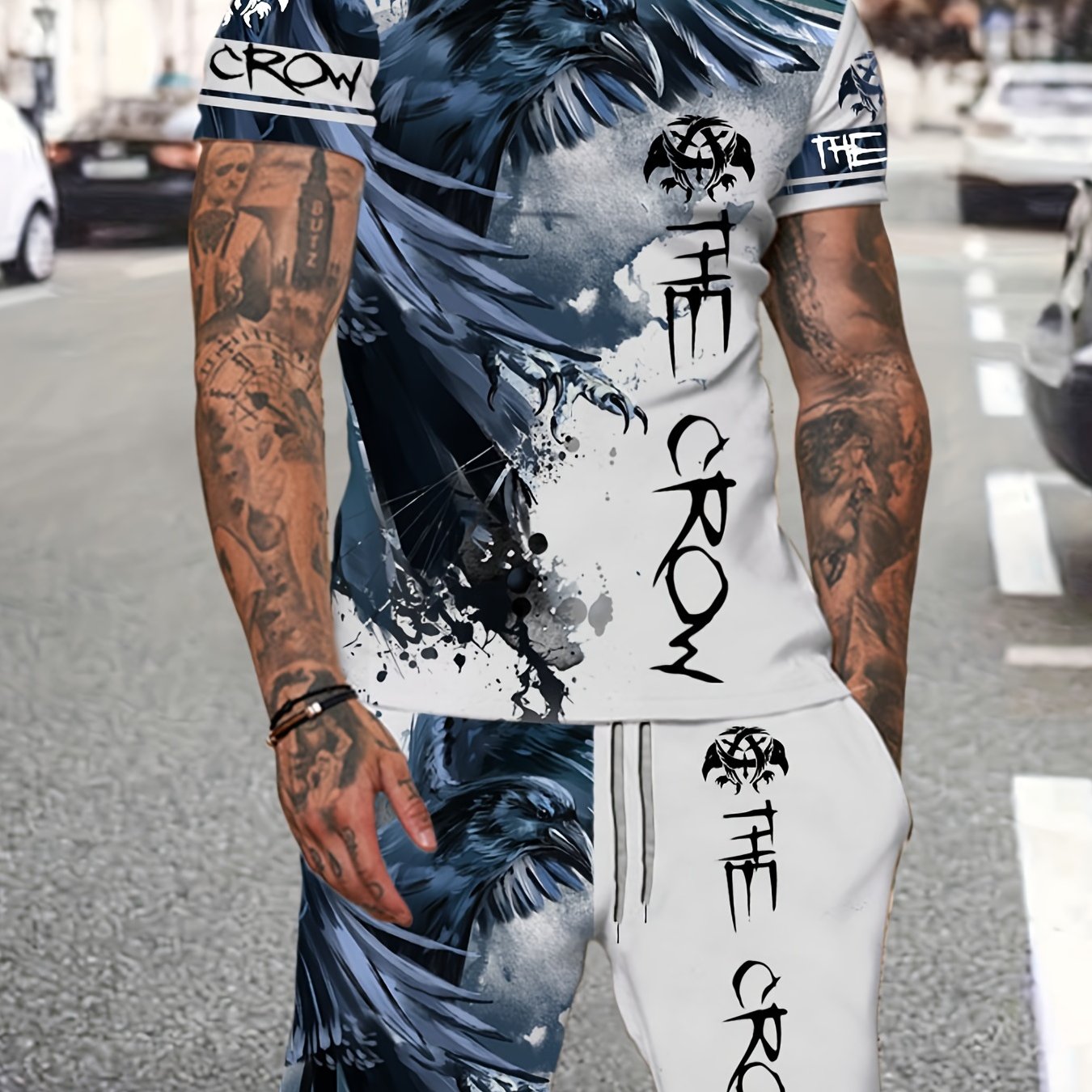 Ink Eagle Painting Pattern Mens 2 Piece Outfits Summer Set