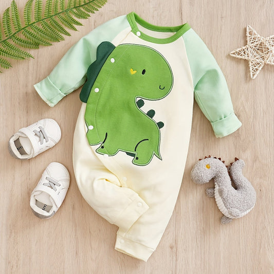 Cotton Dinosaur Pattern Stitching Long Sleeve Baby Bodysuit