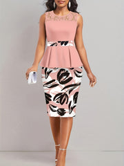 Bodycon 2pc Set Lace Sleeveless Tops & Abstract Print Skirts