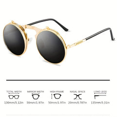 Men's Steampunk Sunglasses Retro Round Metal Flip Circular Double Lens