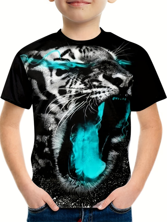 Roaring Leopard 3D Print Tee Tops Boys Round Neck Casual Short Sleeve T shirt