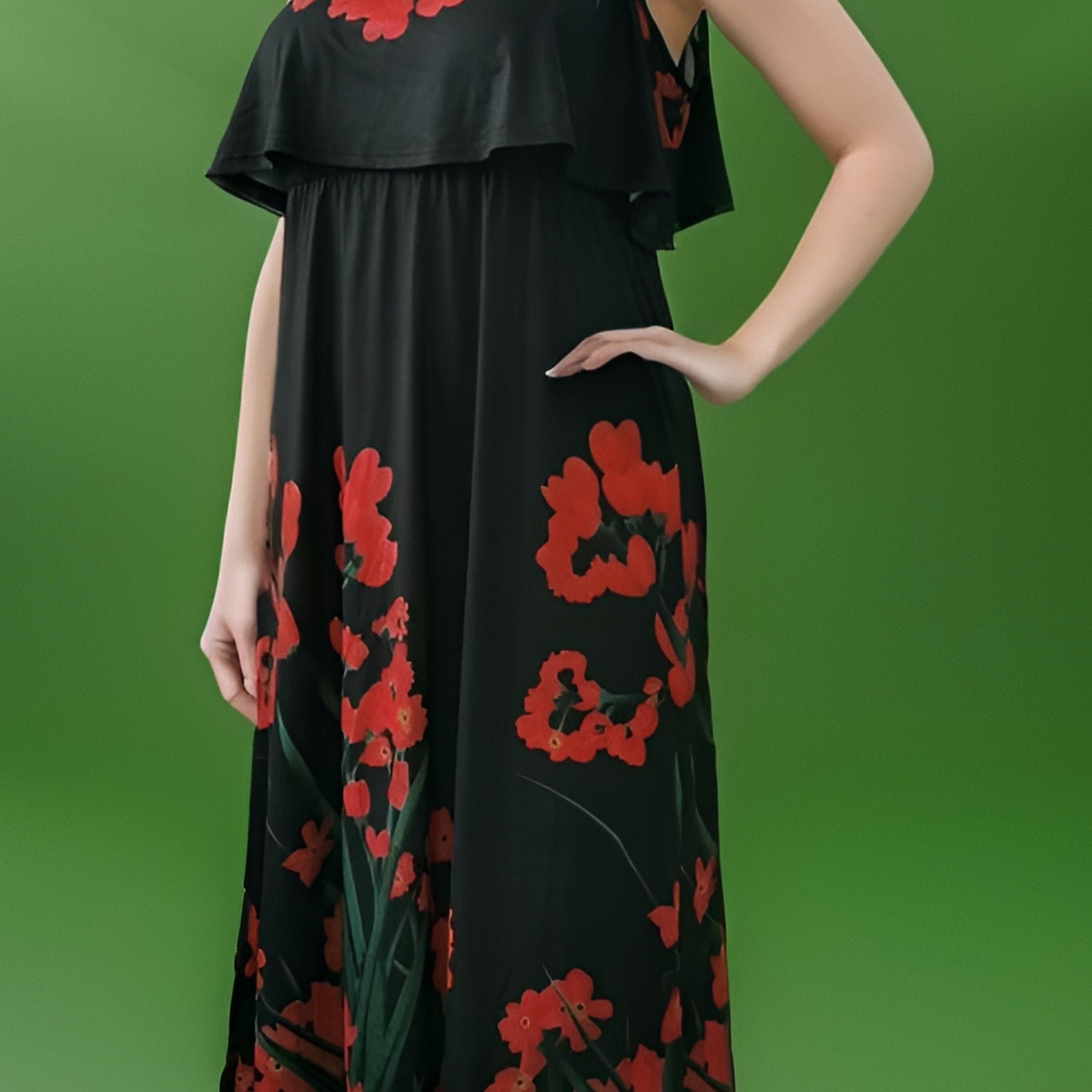  Women's Floral Print Cold Shoulder Maxi Dress