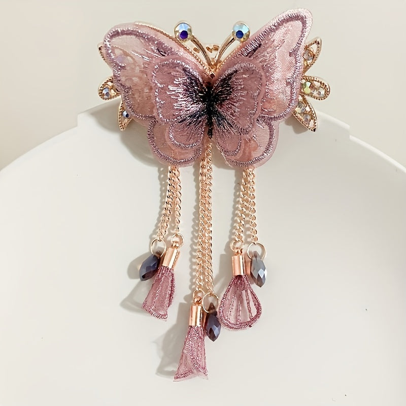 Embroidered Butterfly Decor Barrette with Beaded Tassel Hair Clip