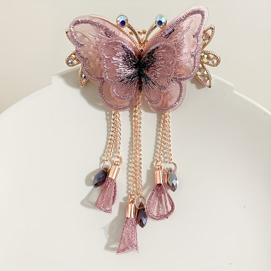 Embroidered Butterfly Decor Barrette with Beaded Tassel Hair Clip