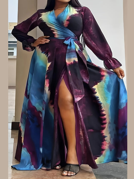  Tie Dye Lantern Sleeve Maxi Wrap Dress