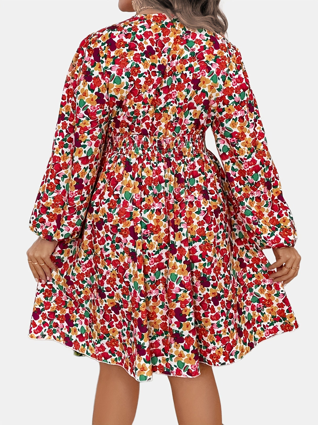  Floral Print Lantern Sleeve Surplice Neck Dress