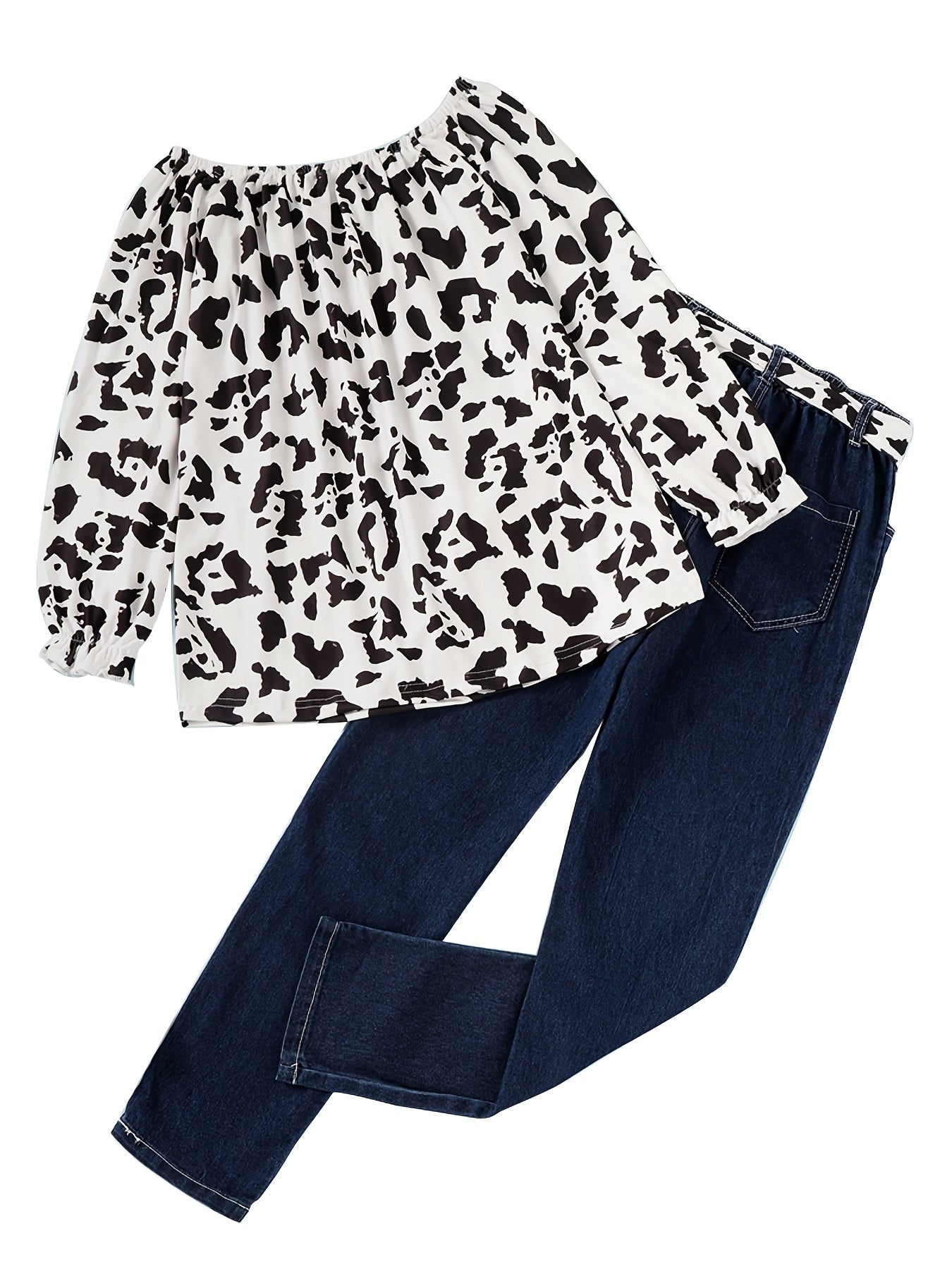 Girls Leopard Off The Shoulder Top & Ripped Jeans Set