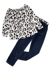 Girls Leopard Off The Shoulder Top & Ripped Jeans Set