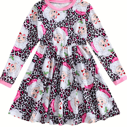 Pink Leopard Santa Dress For Girls Crew Neck Comfortable Fall Winter