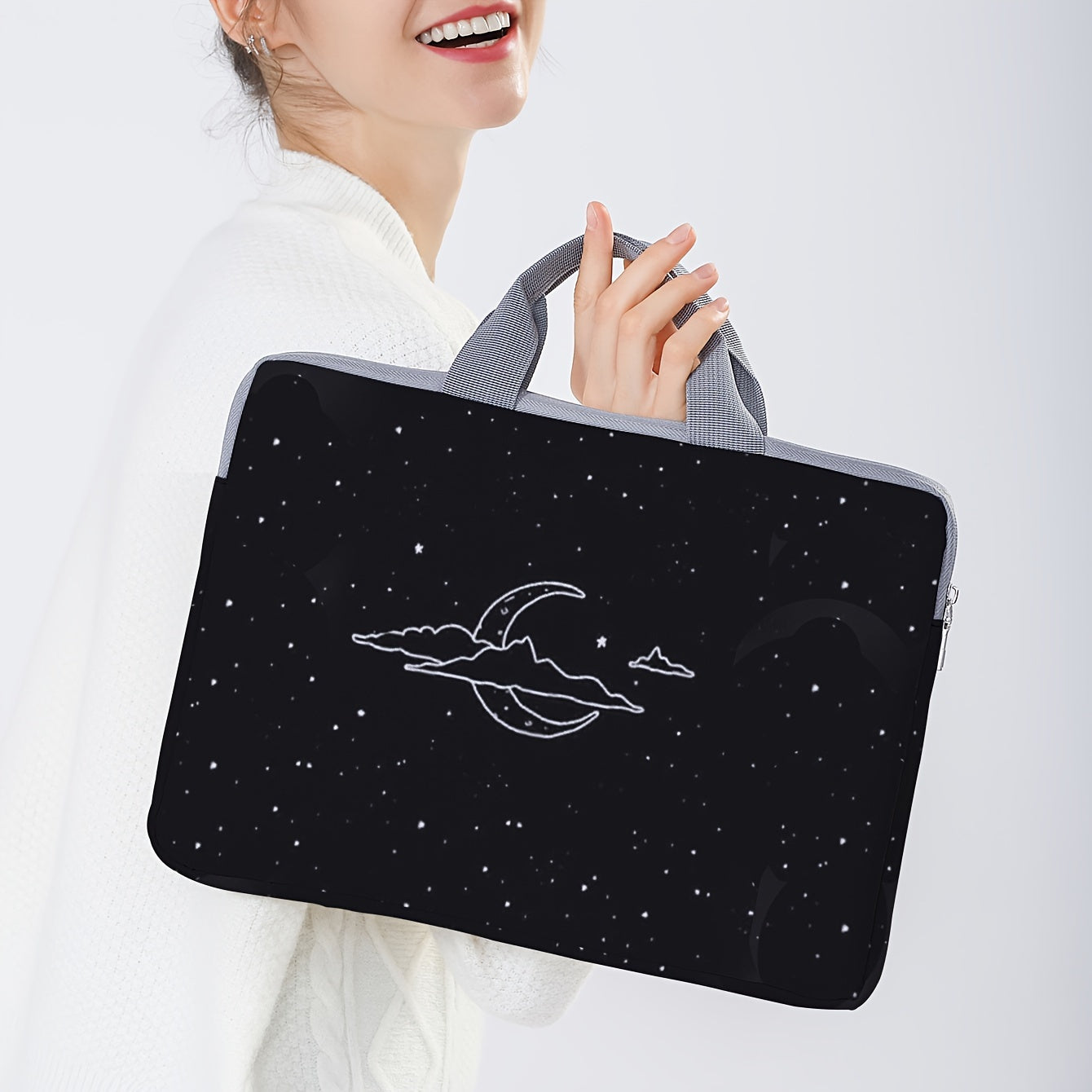 Starry Night Moon Print Laptop Sleeve 14 inch Soft Polyester Zip Closure