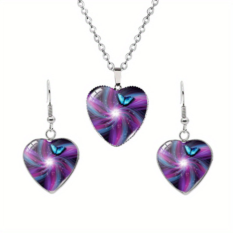 Butterfly Pattern Drop Necklace With Heart Shape Glass Pendant Neck Chain
