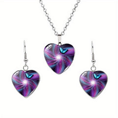 Butterfly Pattern Drop Necklace With Heart Shape Glass Pendant Neck Chain