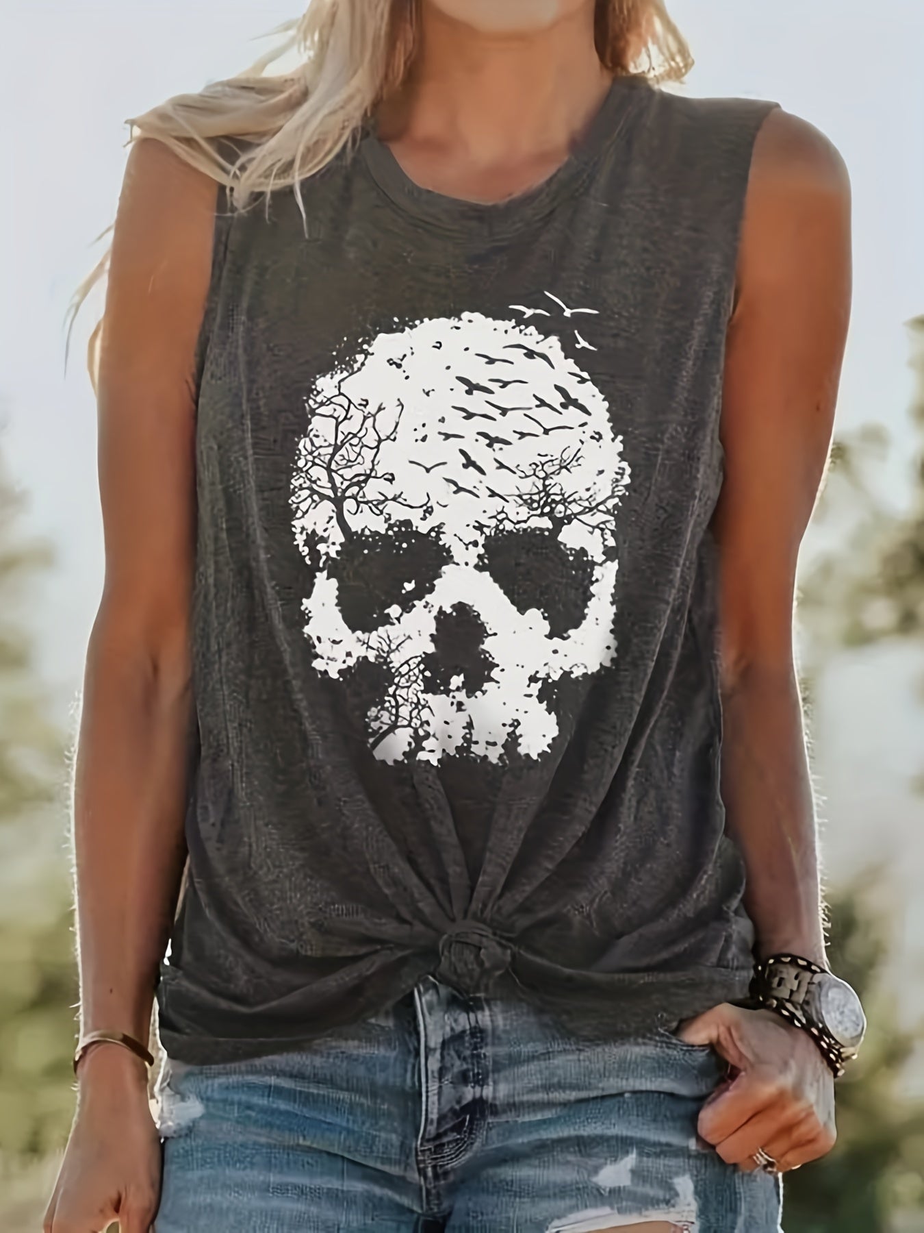 Skull Print Tank Top Sleeveless Casual Top For Summer