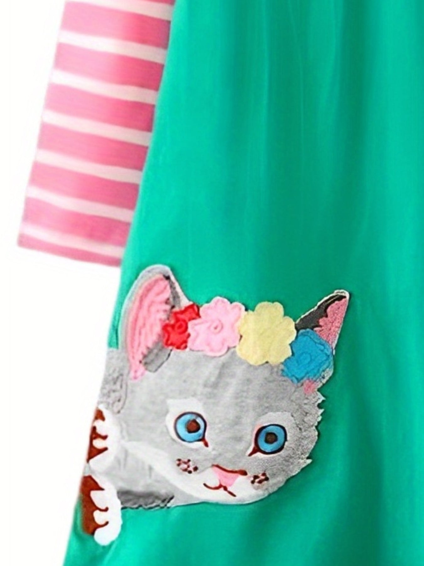 Girls' Kitty Embroidered Long Sleeve Shirt Dress With Stripe Contrast Sleeves