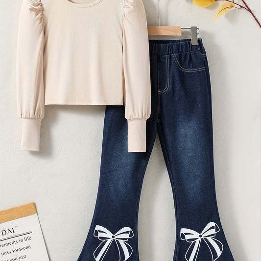 Girl's Denim Outfit 2pcs Top & Flared Jeans Set for Spring Fall