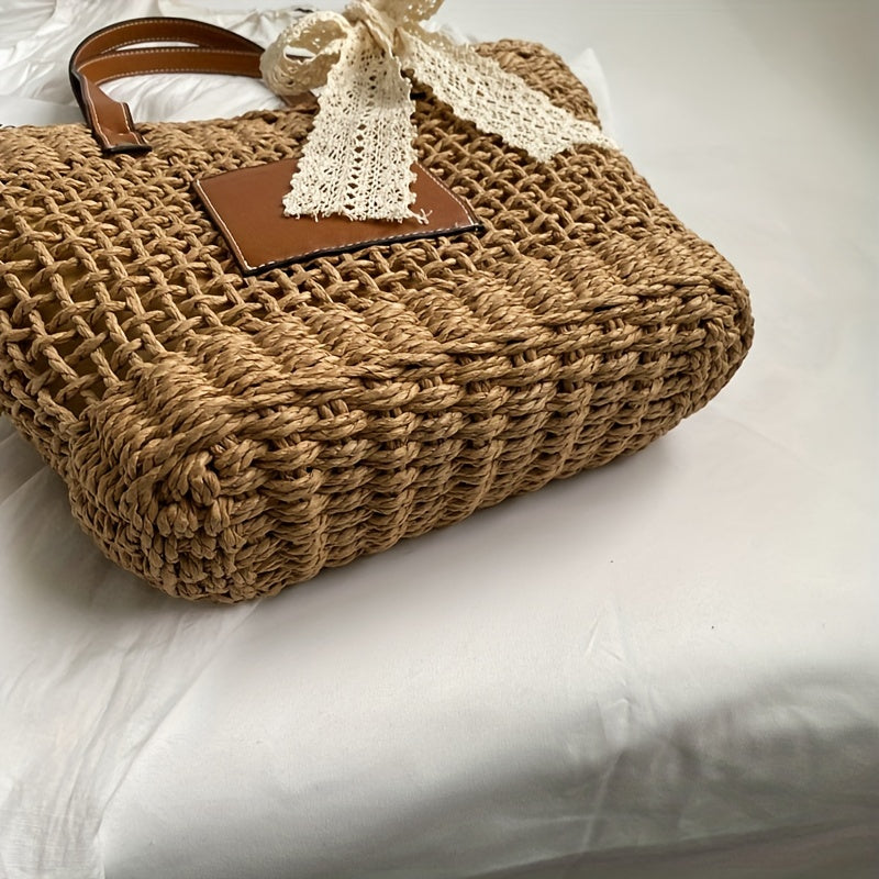 Straw Summer Beach Bag Woven Tote Scarf Decor Shoulder Bag