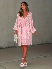  Floral Print Lantern Sleeve V Neck Backless Dress