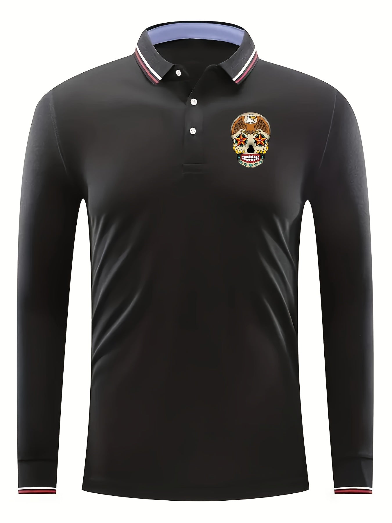 Skull Pattern Men's Long Sleeve Polo Shirt