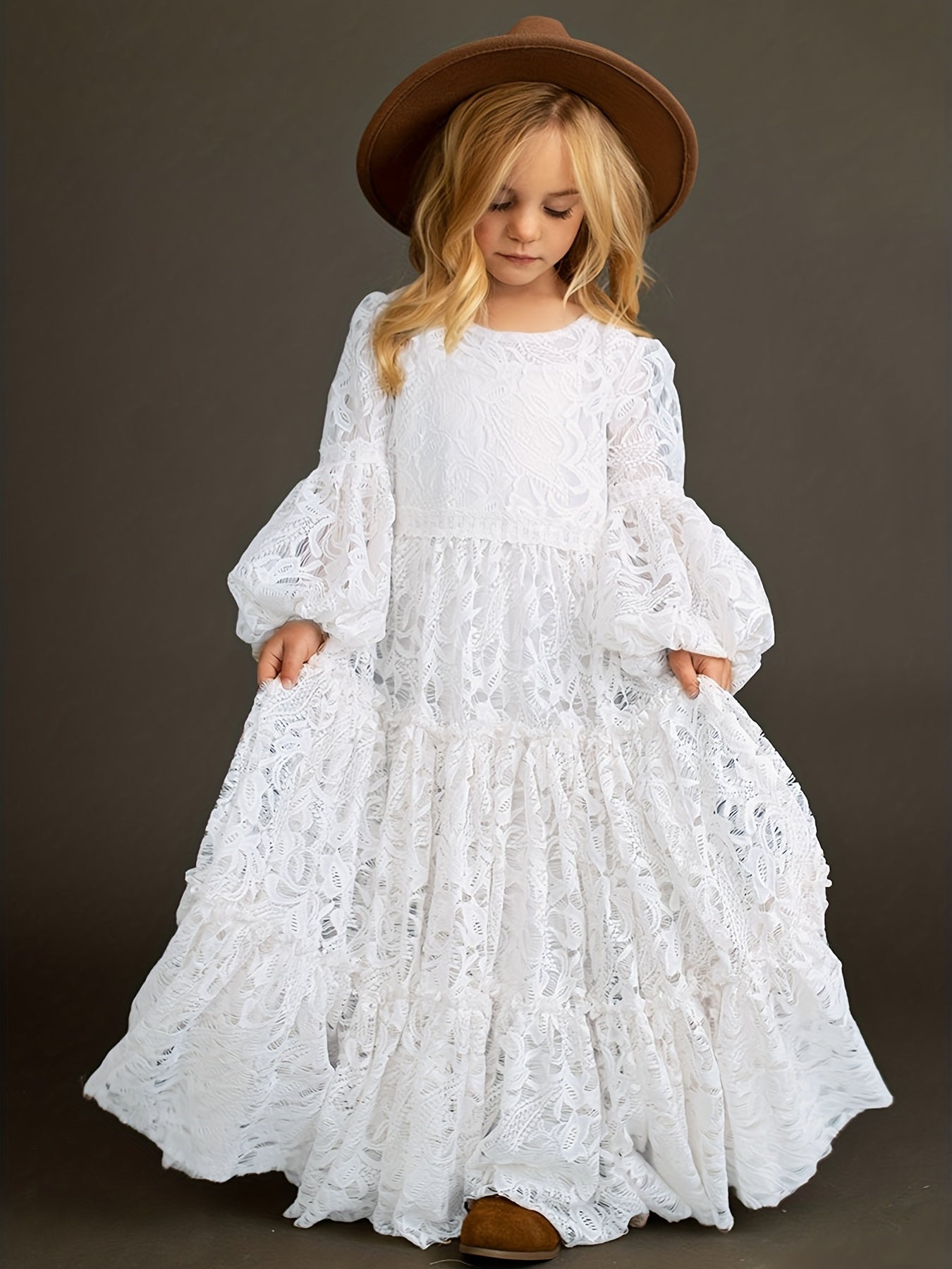 Girls Lace Puff Sleeve Flower Girl Dress Princess Dress