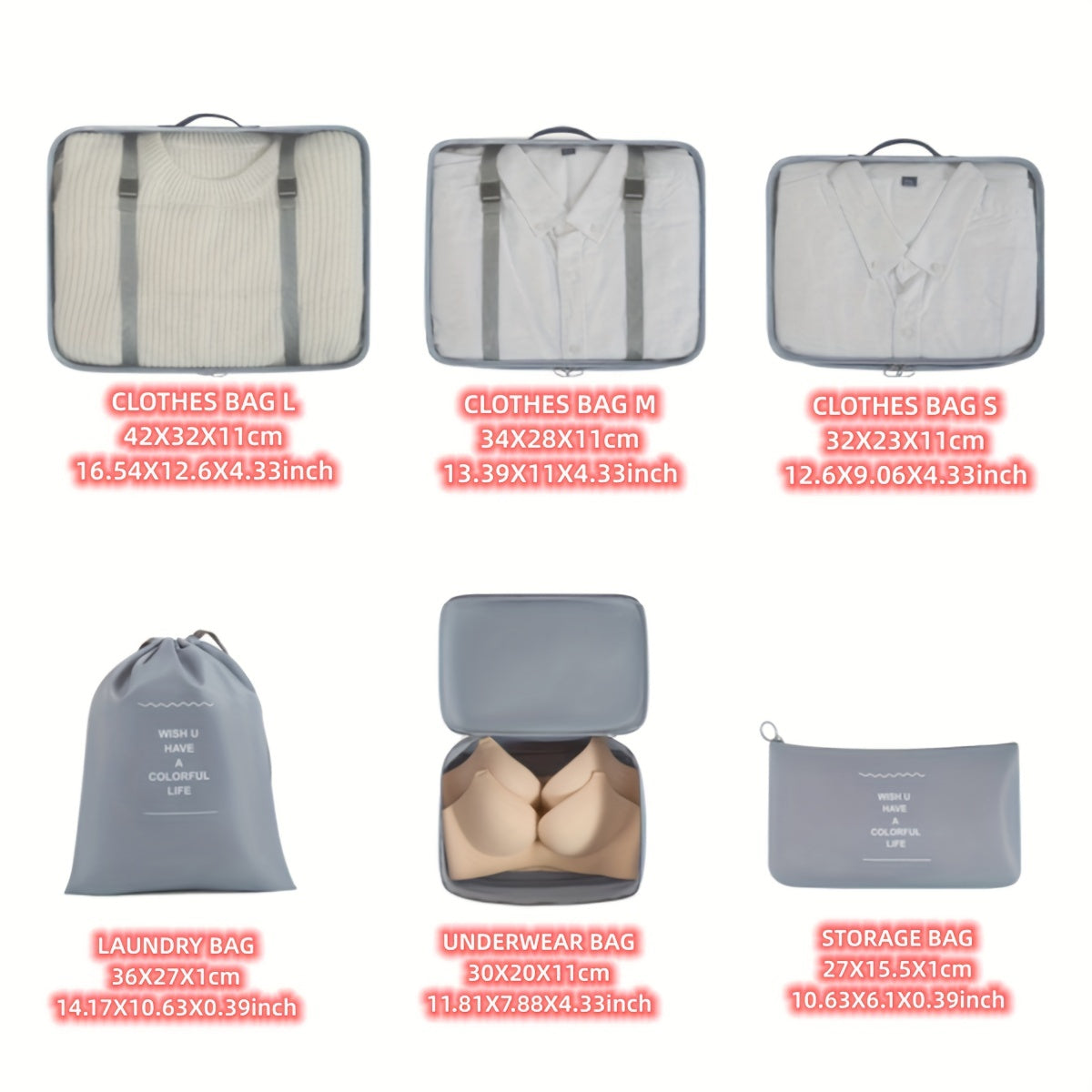 6pcs Lightweight Packing Cubes Clothing Shoes Storage Bag