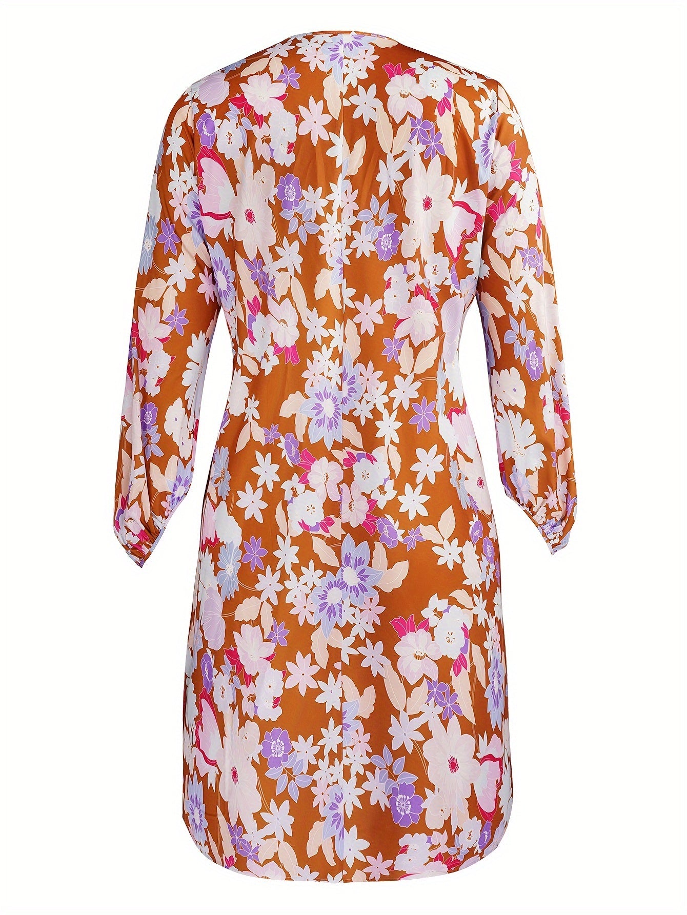 Floral Print Lantern Sleeve V Neck Midi Dress
