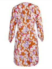 Floral Print Lantern Sleeve V Neck Midi Dress