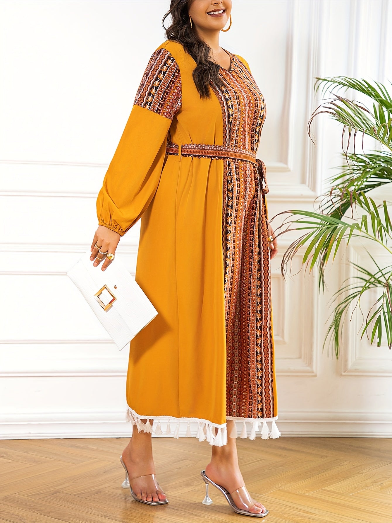  Colorblock Abaya Dress Geometric Print Tassel V Neck