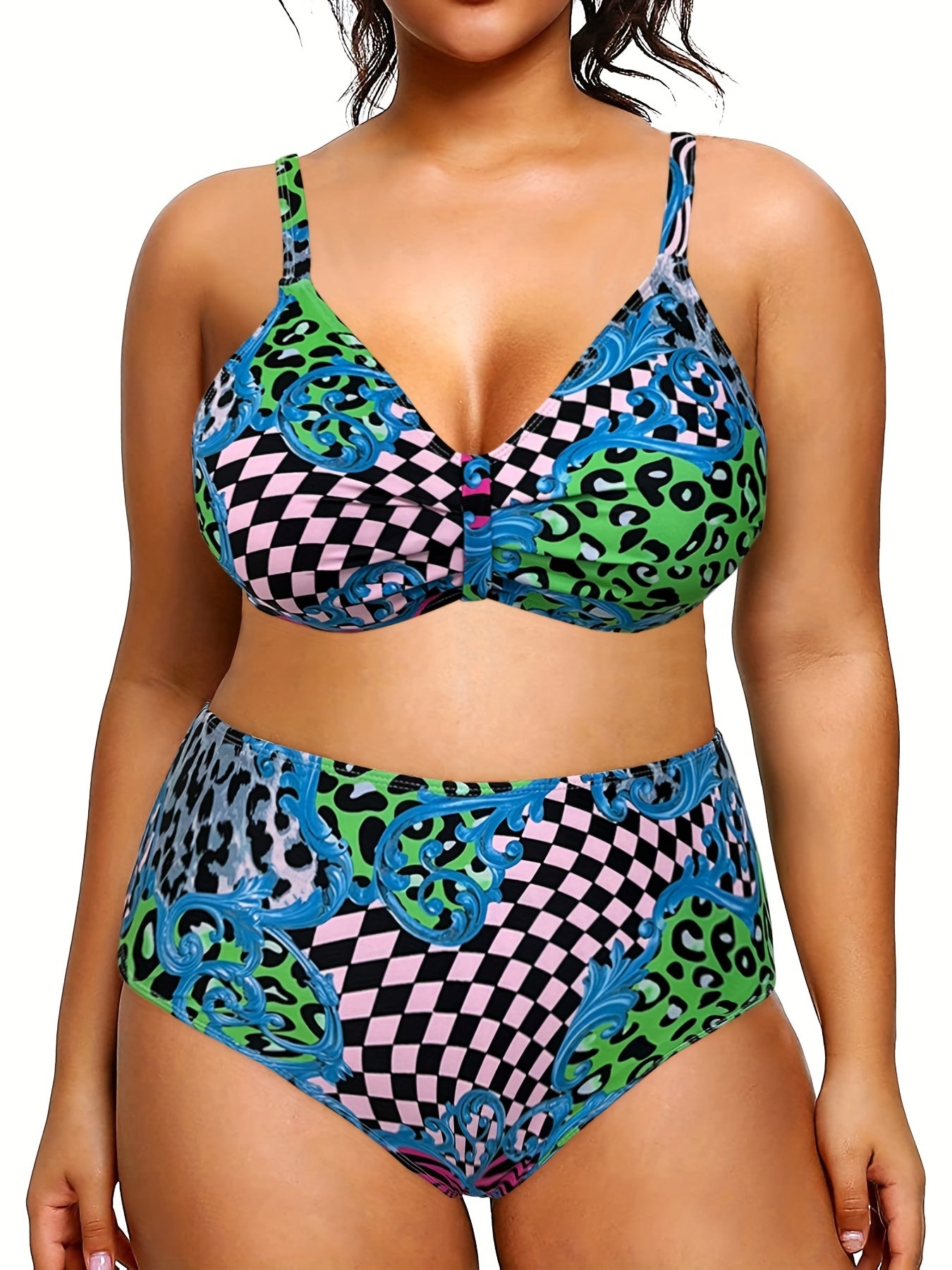  Leopard & Checkered Print V Neck Bikini Set