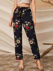Women's Plus Floral Print High Rise Pants with Belt
