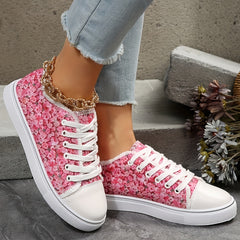 Floral Print Canvas Lace Up Sneakers Comfortable Low Top Shoes