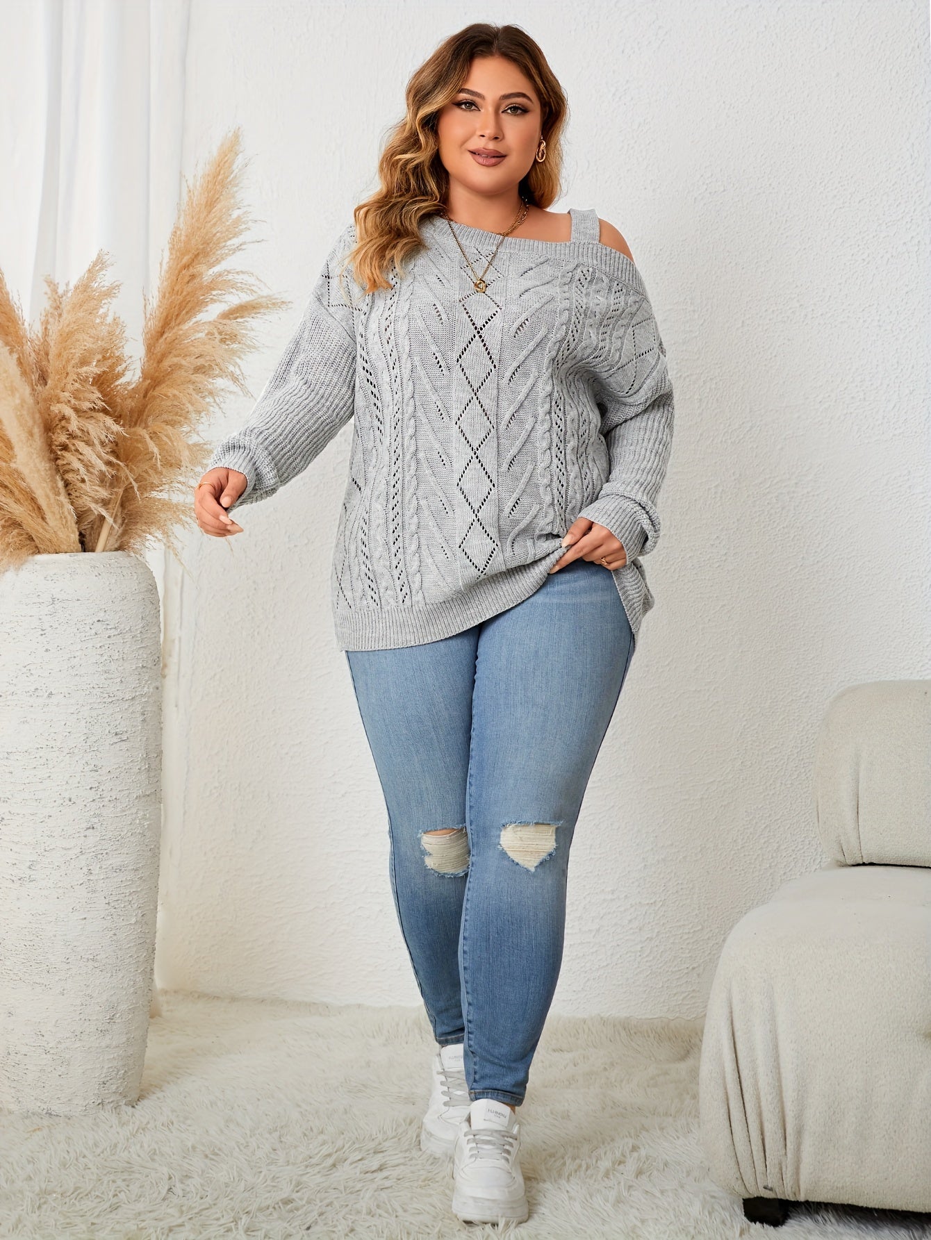  Casual Sweater Women's One Shoulder Long Sleeve Knitted Jumper