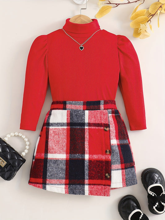 Girl's Ribbed Top & Skirt Set Plaid Print Outfits for Spring Autumn