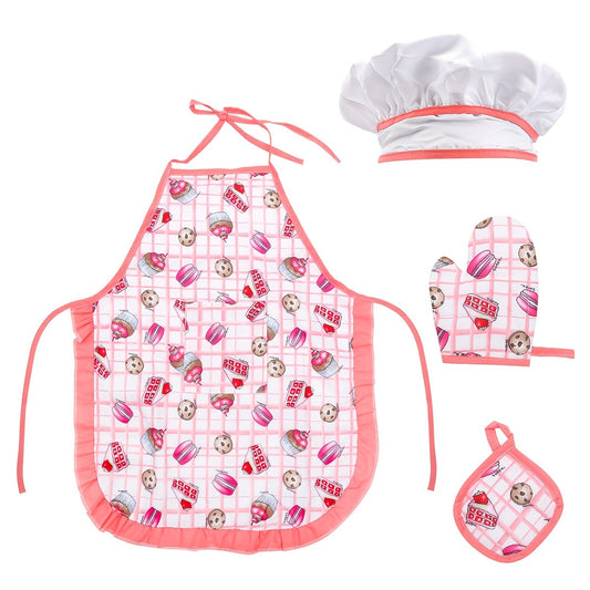 Kids 4pcs Play Kitchen Set with Pink Cake & Dinosaur Aprons