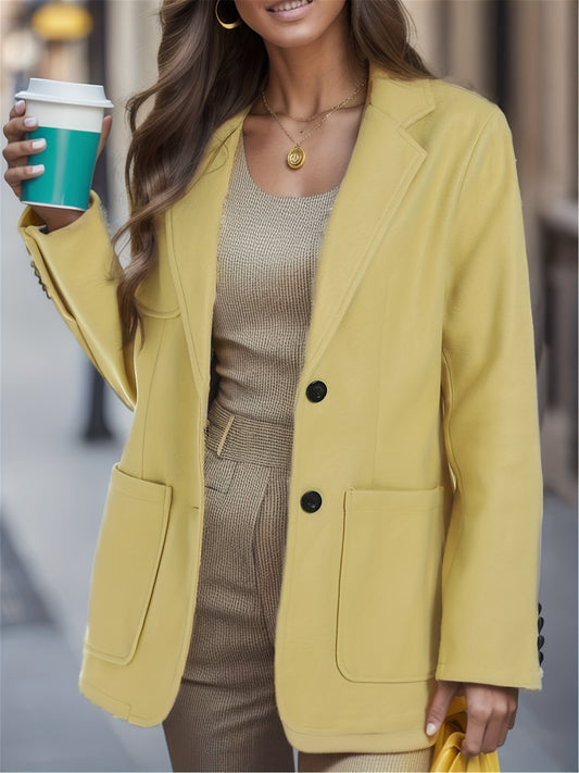 Solid Patched Pockets Lapel Blazer Coat Long Sleeve Loose Blazer Outerwear
