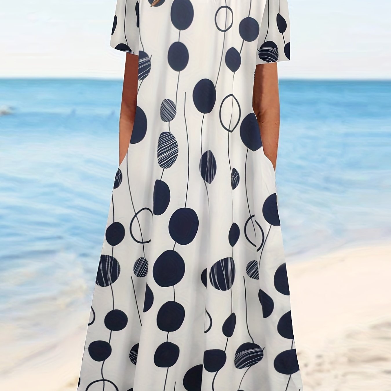  Dot Print Short Sleeve Dress With Pockets